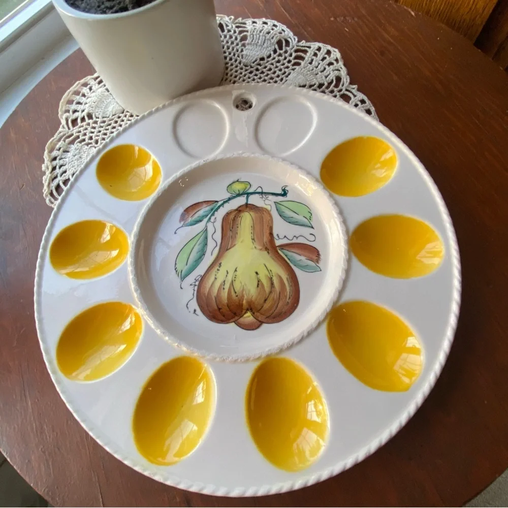 Vintage Mid-century Pear Egg Plate with Yellow Accents EUC